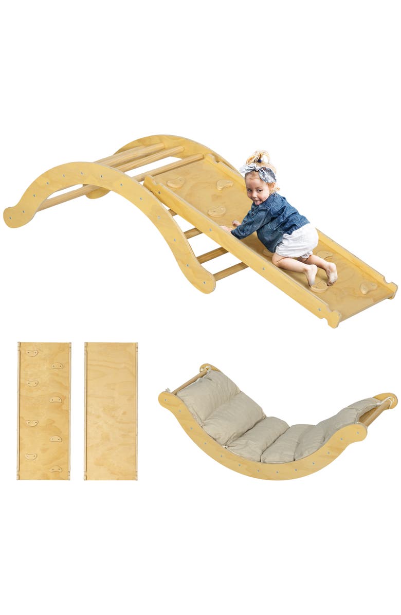 Qaba Toddler Climbing Toys Set, Indoor 4 In 1 Pikler Set, Wooden Montessori Set, Main, color, Natural Wood