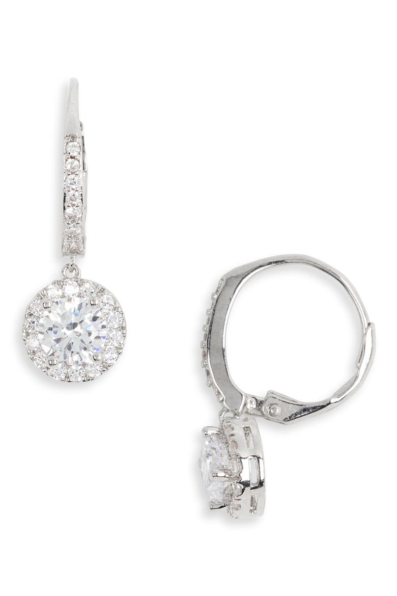 Round Pave CZ Euro Drop Earrings, Main, color, CLEAR/ SILVER