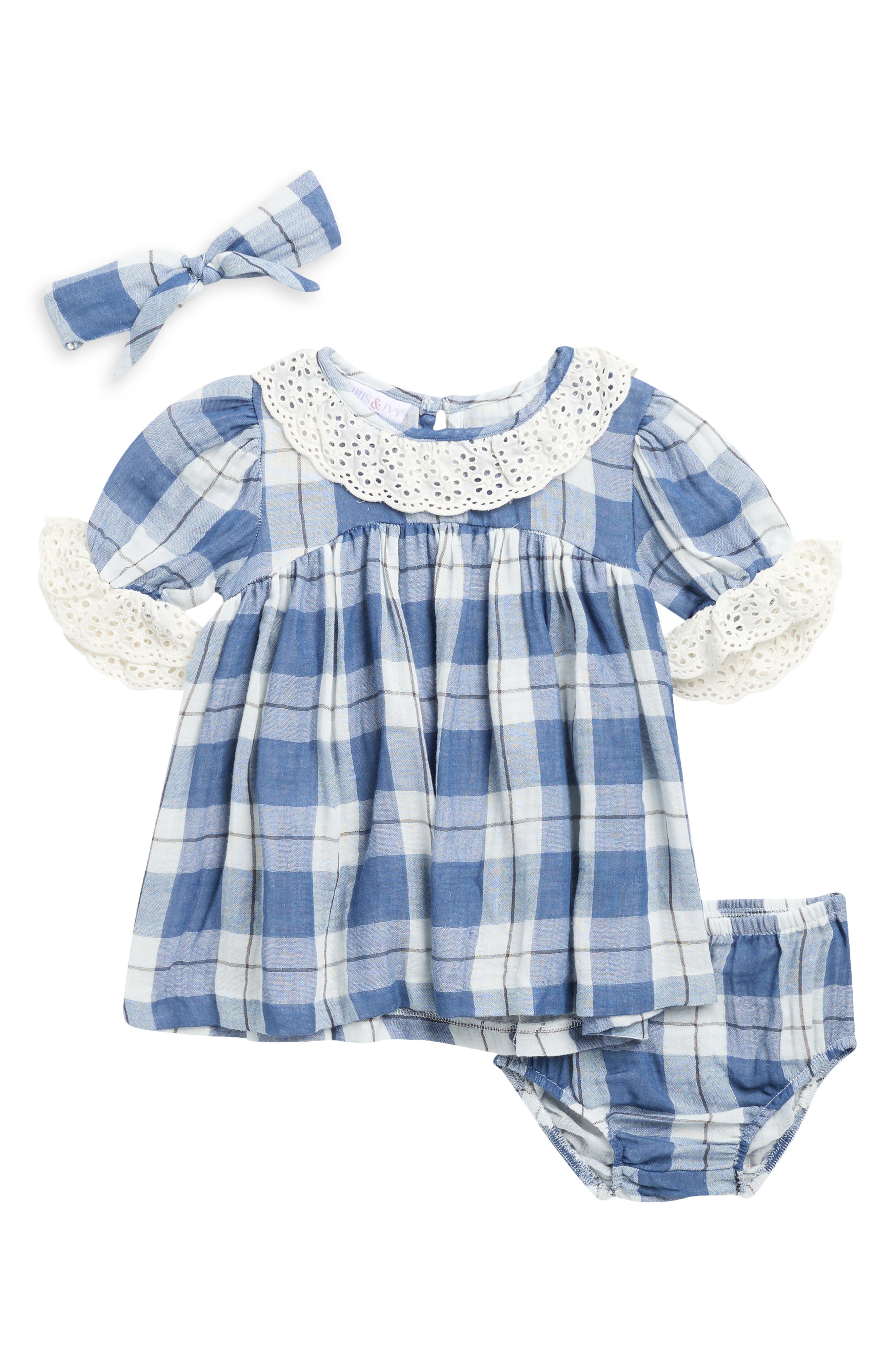 Plaid Dress with Eyelet Lace Details & Matching Headband Set