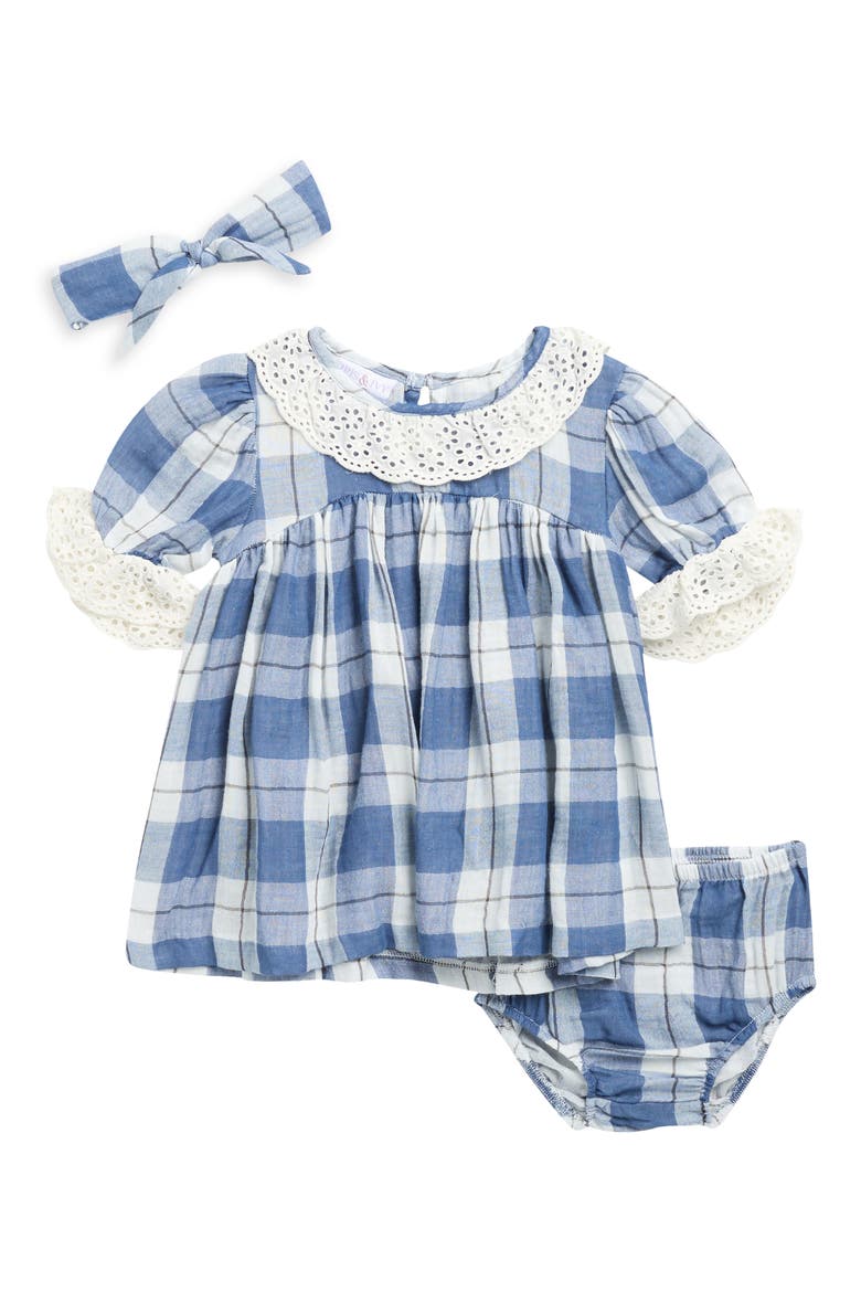 Plaid Dress with Eyelet Lace Details & Matching Headband Set, Main, color, CHAMBRAY BLUE
