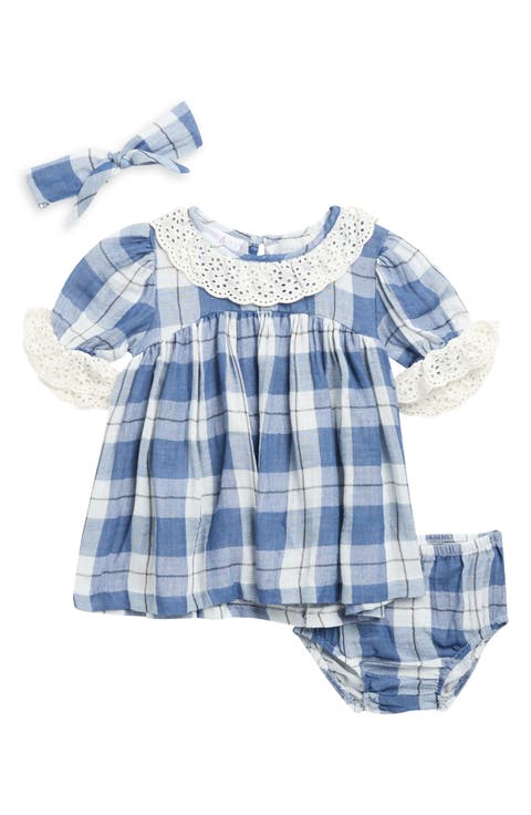Plaid Dress with Eyelet Lace Details & Matching Headband Set