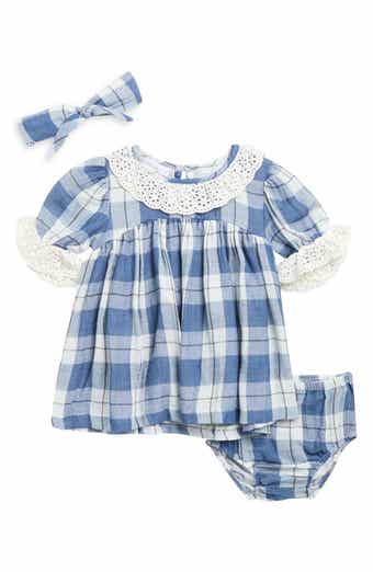 Plaid Dress with Eyelet Lace Details & Matching Headband Set