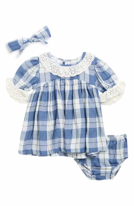 Plaid Dress with Eyelet Lace Details & Matching Headband Set