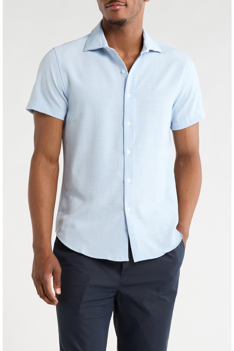 Mélange Short Sleeve Tech Button-Up Shirt, Main, color, LIGHT BLUE