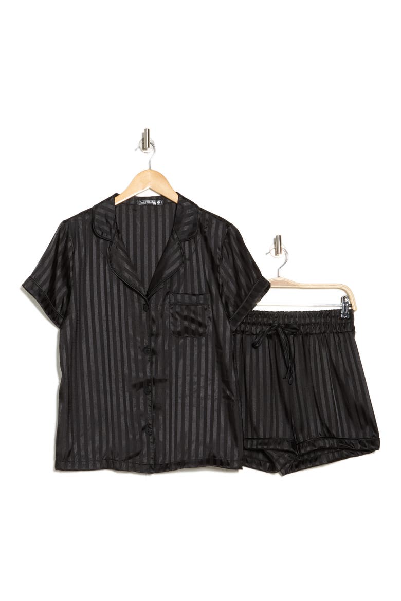 Dixie Charmeuse Short Sleeve Button-Up Shirt & Shorts Pajamas, Alternate, color, BLACK SATIN STRIPE