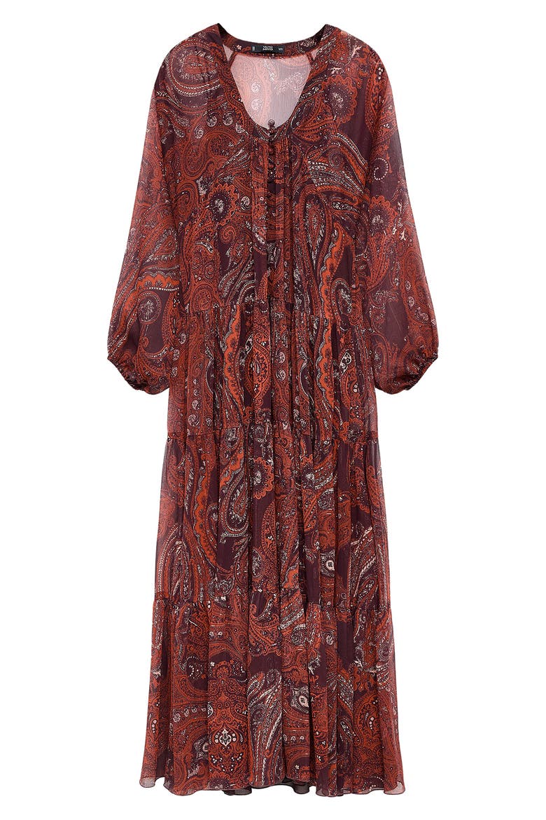 Paisley Print Long Sleeve Maxi Dress, Alternate, color, RUSSET