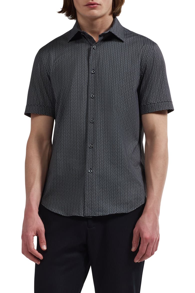Miles OoohCotton Geometric Short Sleeve Button-Up Shirt, Main, color, BLACK