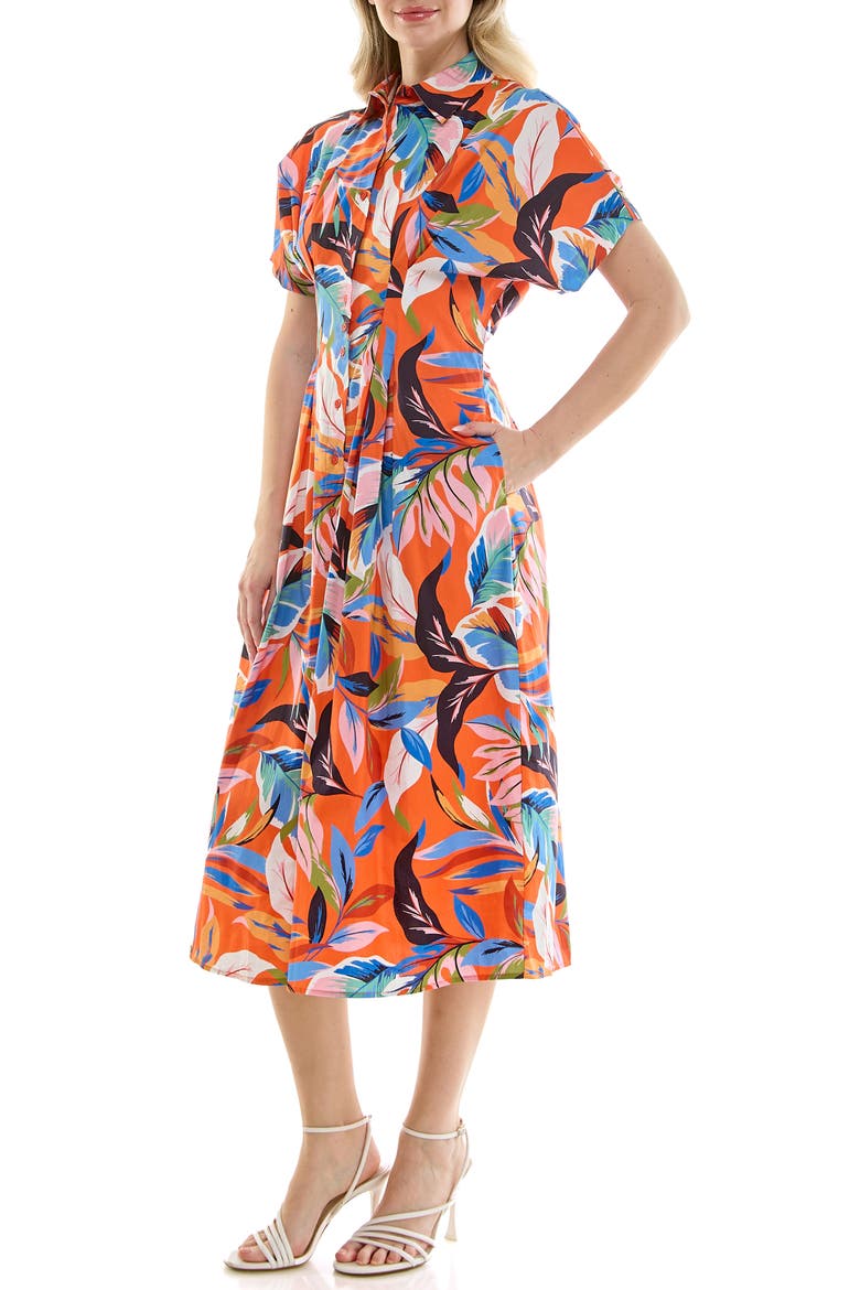 Pintuck Waist Midi Shirtdress, Alternate, color, ORANGE PRINT