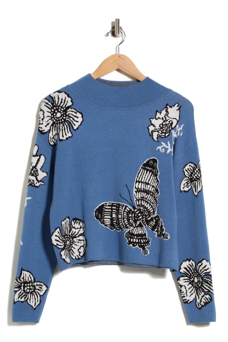 Mock Neck Jacquard Sweater, Alternate, color, BLUE SHADOW BUTTERFLY