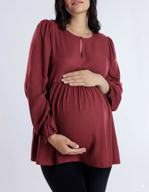 Long Sleeve Empire Waist Keyhole Woven Blouse