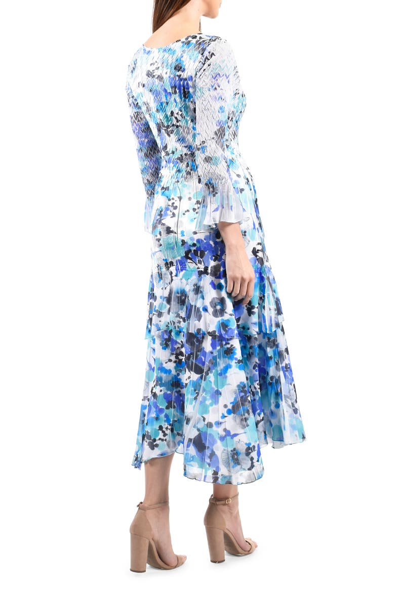 Floral Tiered Charmeuse & Chiffon Midi Dress, Alternate, color, AQUA ANGEL