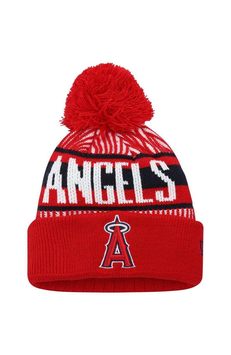 New Era Youth New Era Red Los Angeles Angels Striped Cuffed Knit Hat with Pom, Main, color,
