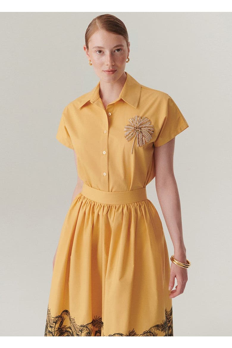 Lennon Stone Embellished Short Sleeve Cotton Shirt, Alternate, color, CAMEL