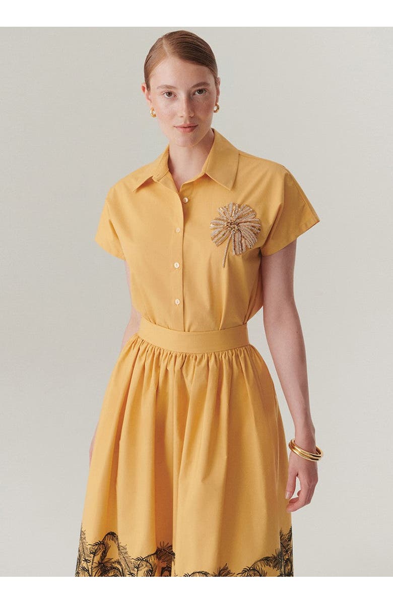 Exquise Lennon Stone Embellished Short Sleeve Cotton Shirt, Alternate, color, Camel