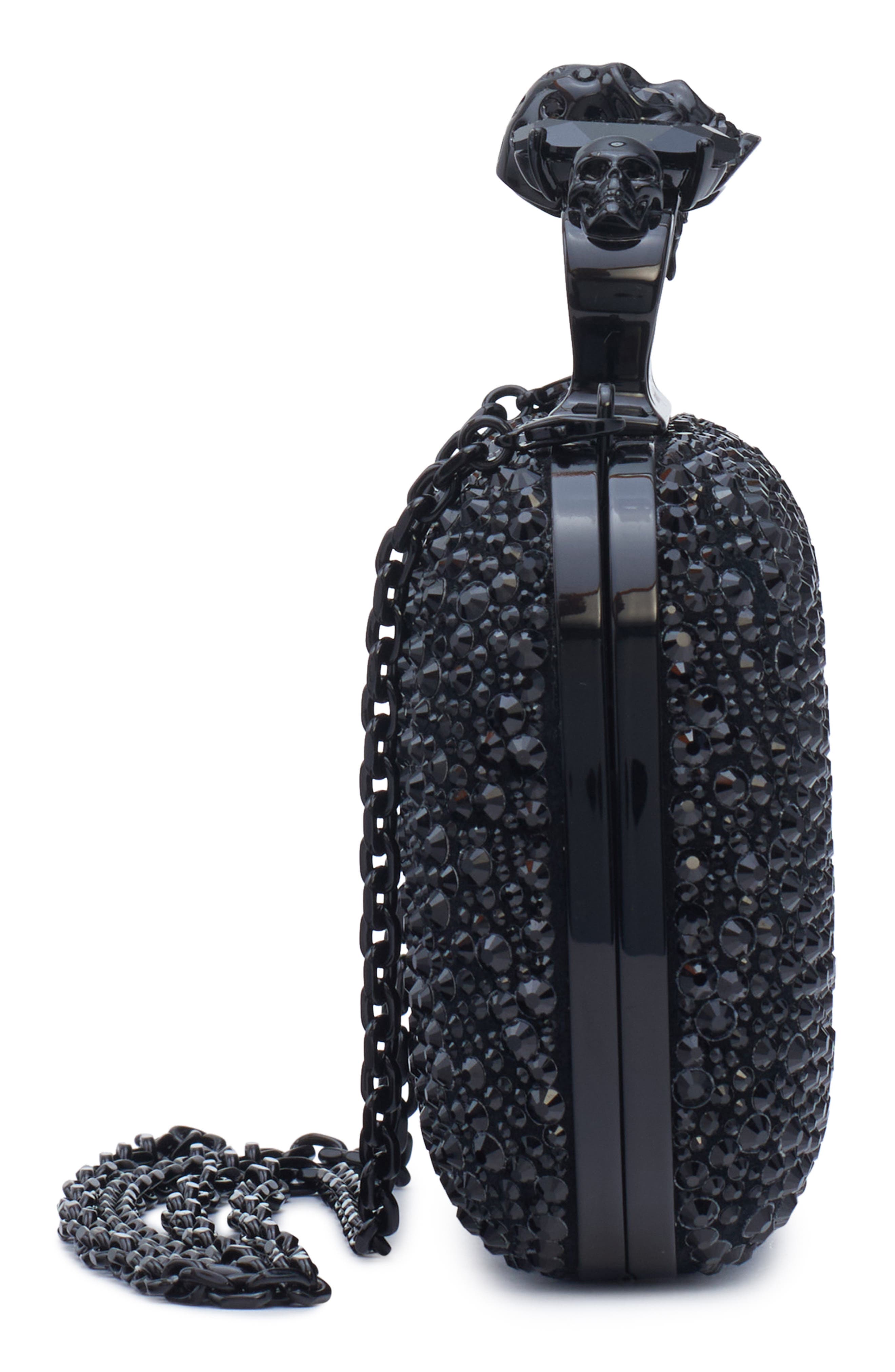 McQueen Skull Crystal Embellished Four-Ring Box Clutch, Alternate, color, Black/Black