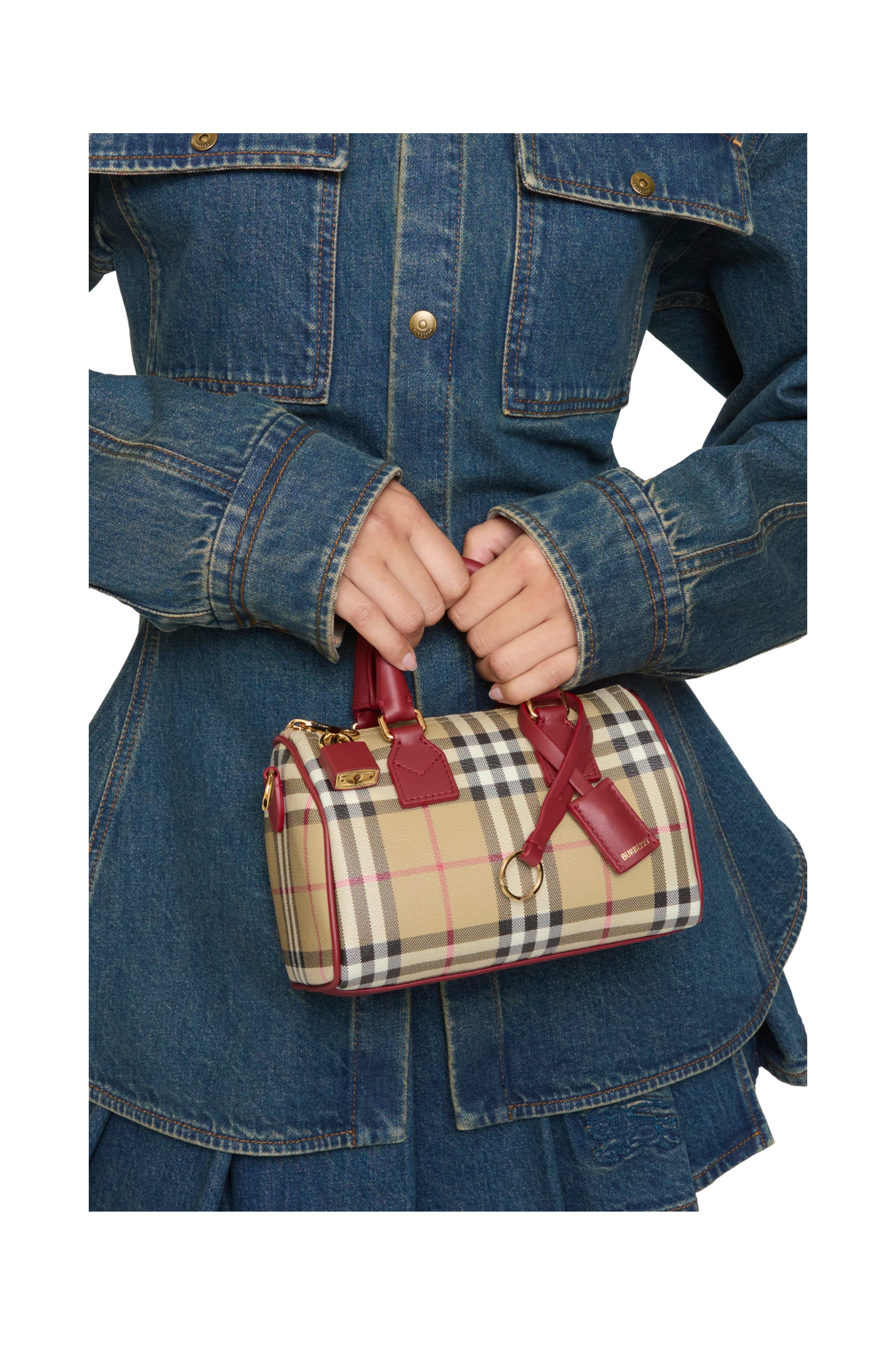 Burberry Mini Check Bowling Bag, Alternate, color, Archive Beige/Ruby Red