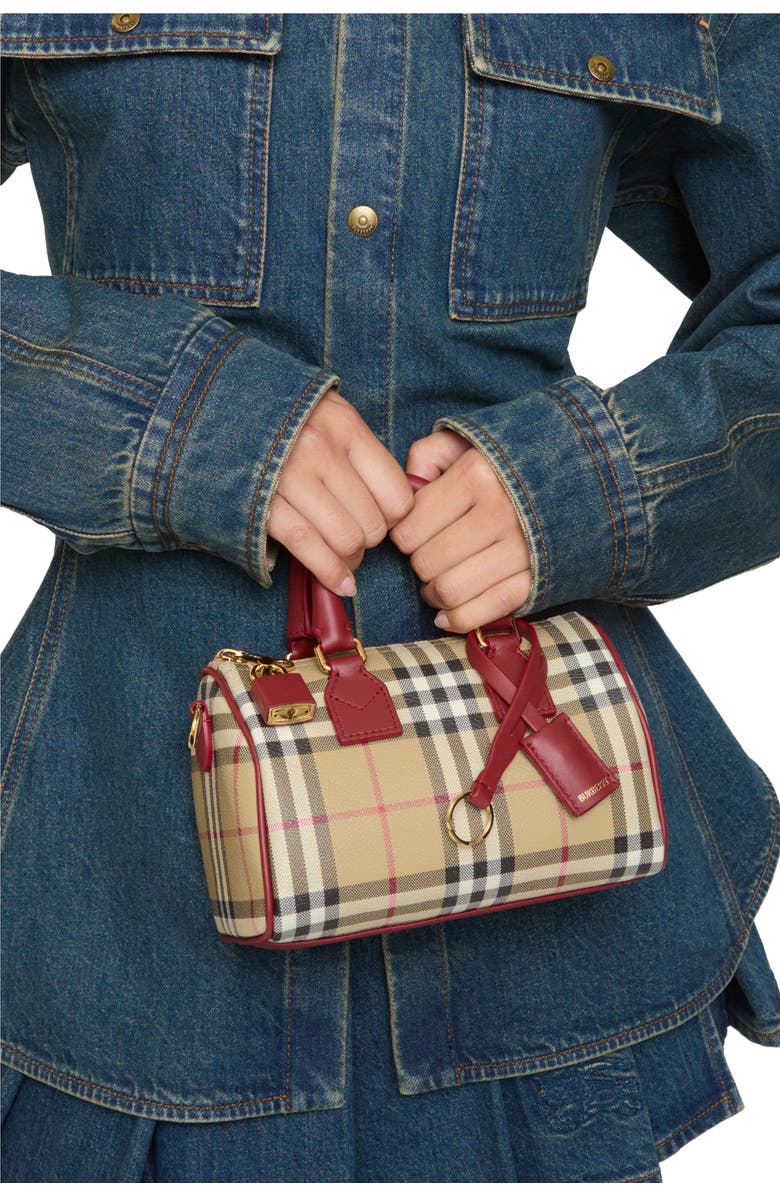 Burberry Mini Check Bowling Bag, Alternate, color, Archive Beige/Ruby Red