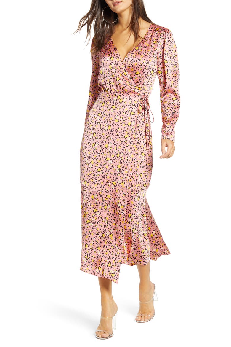 Pink Leopard Print Long Sleeve Satin Midi Wrap Dress, Main, color, PINK GERANIUM MINI LEOPARD