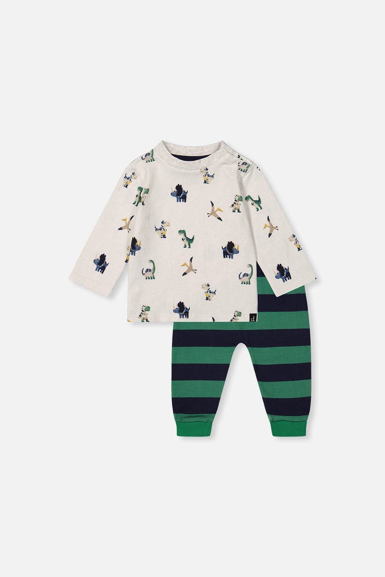 Dinosaur Long Sleeve T-Shirt & Striped Fleece Pants Set, Main, color, Beige Dinosaur Print