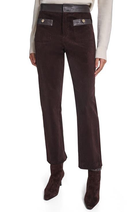 Faux Leather Trim Corduroy Pants