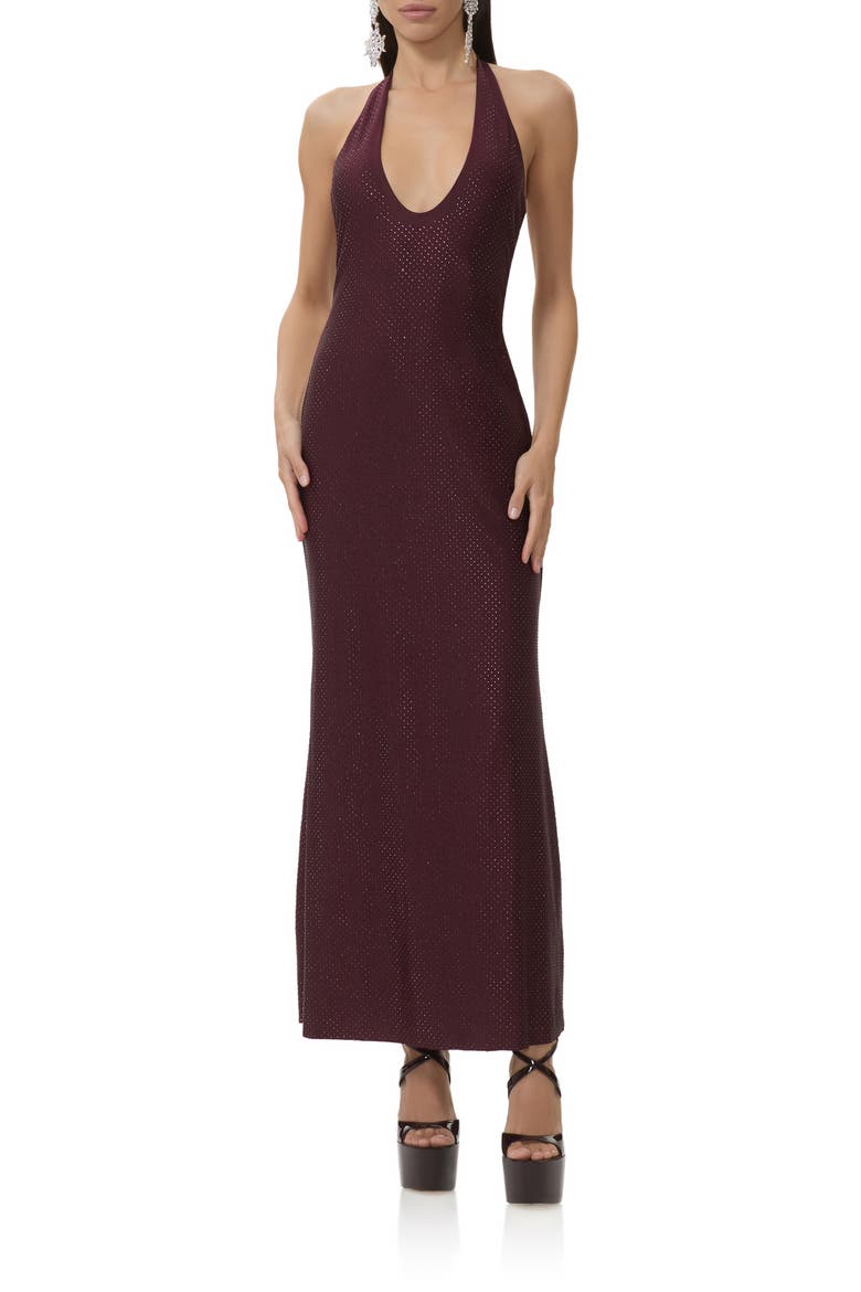 Rhinestone Halter Open Back Cocktail Dress, Main, color, VINEYARD