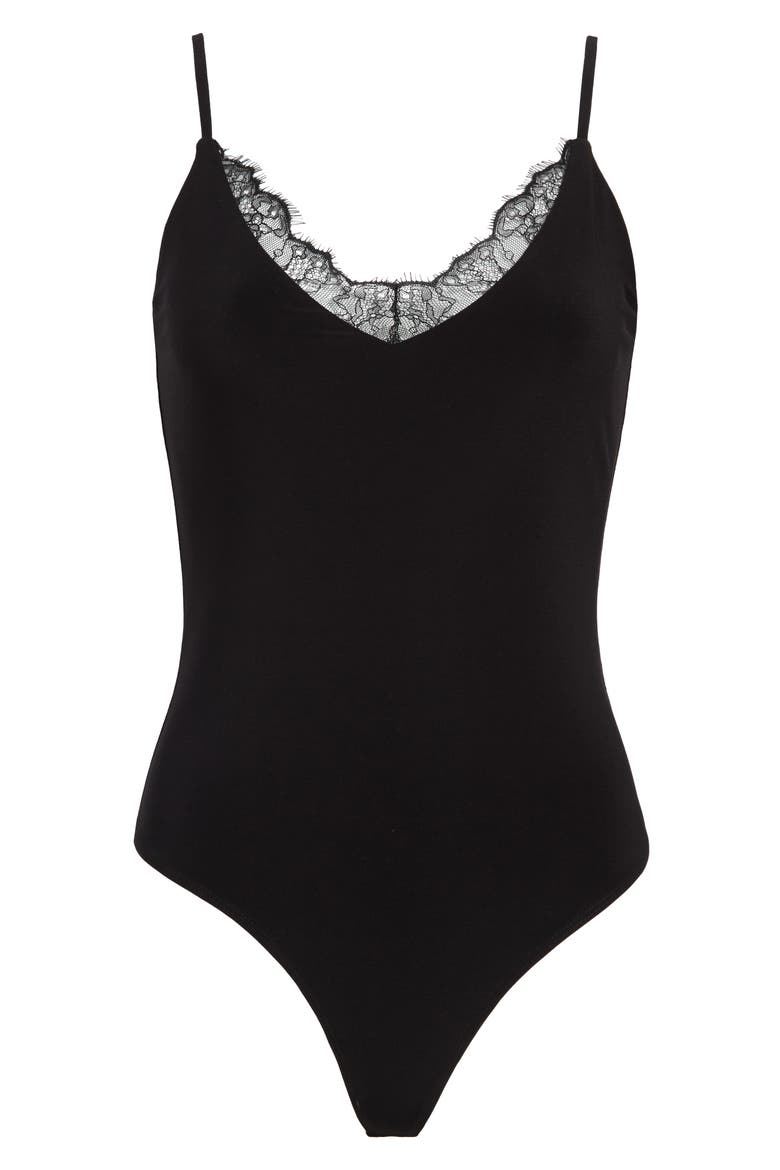 Lace Trim Thong Bodysuit, Main, color, BLACK