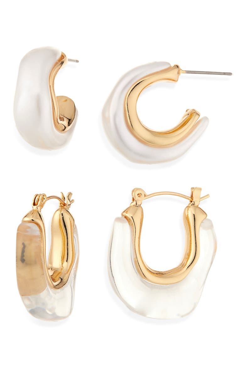 Set of 2 Resin Hoop Earrings, Main, color, CLEAR/PEARL