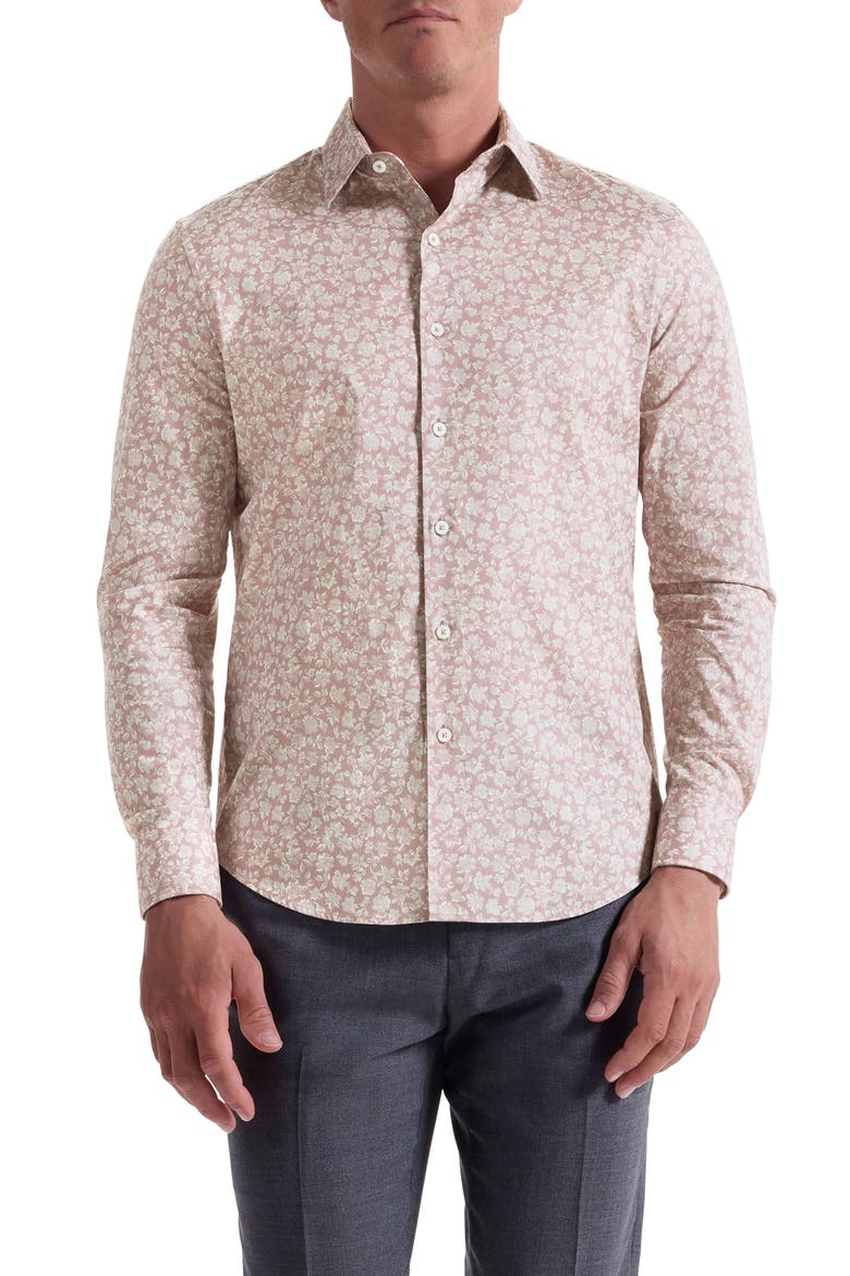 Julian Shaped Fit Floral Stretch Cotton Button-Up Shirt, Main, color, WOOD ROSE