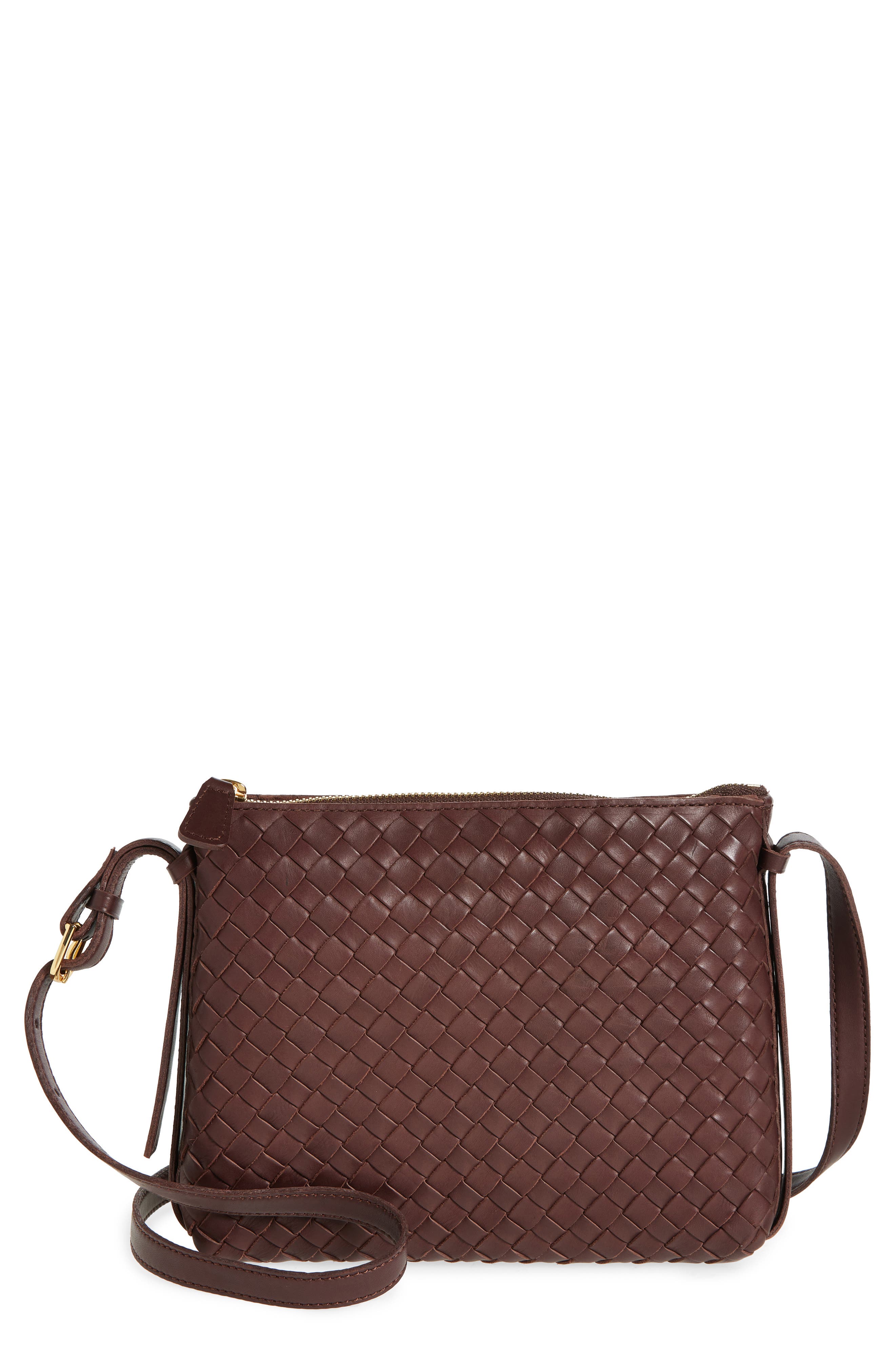 Woven Leather Crossbody Bag, Main, color, CHOCOLATE RAISIN