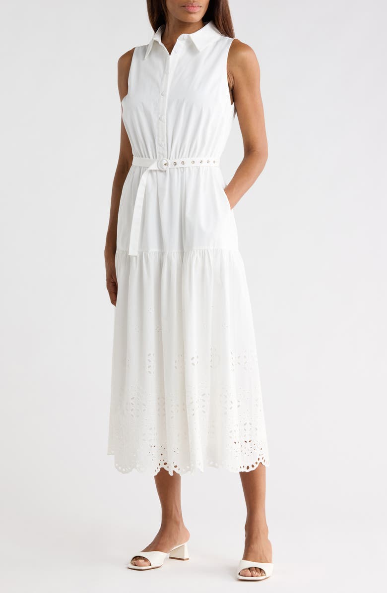 FLYING TOMATO Sleeveless Eyelet Solid Midi Shirtdress, Main, color, White