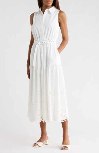FLYING TOMATO Sleeveless Eyelet Solid Midi Shirtdress