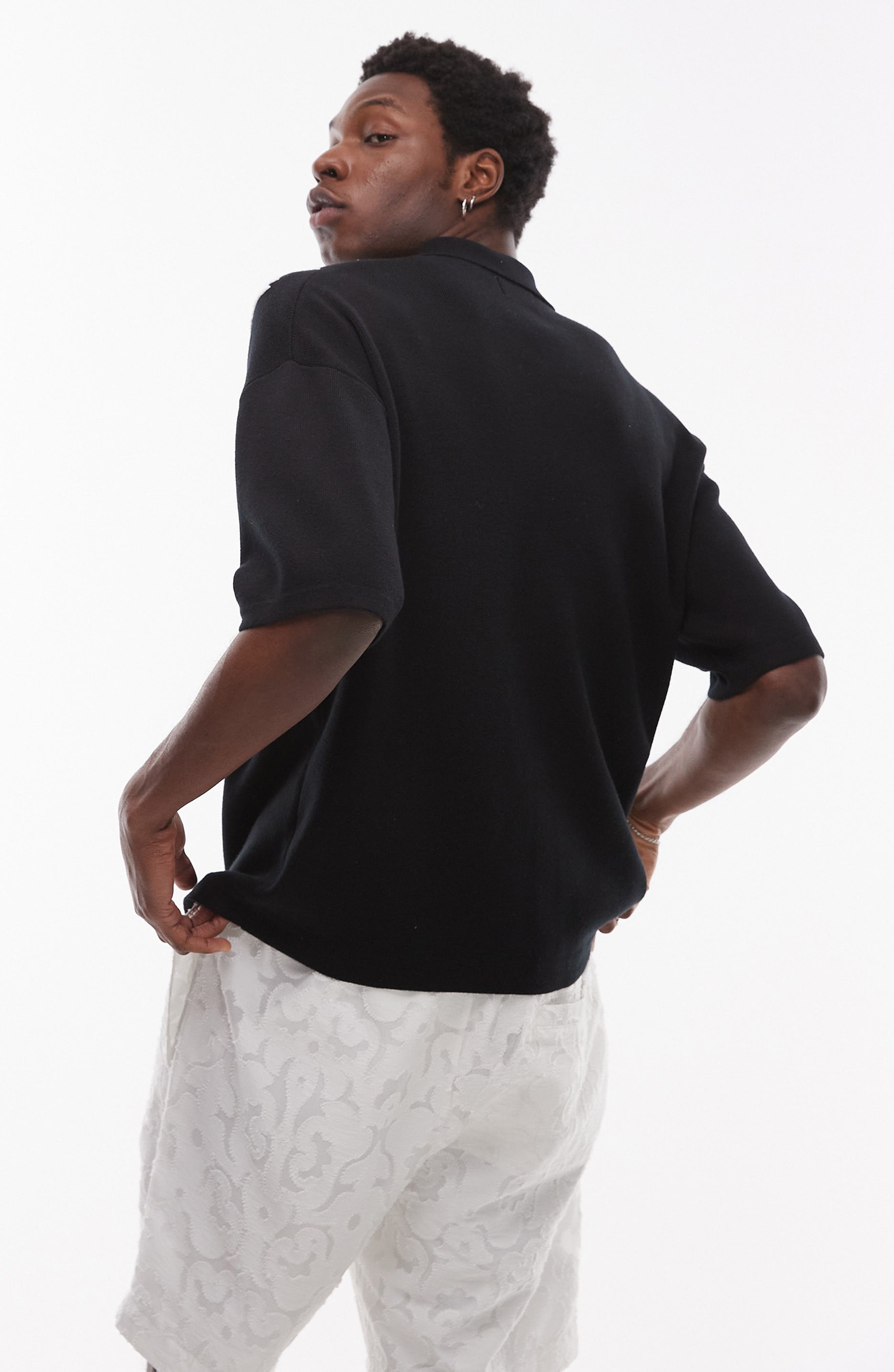 Topman Oversize Embroidered Knit Short Sleeve Button-Up Shirt (Men