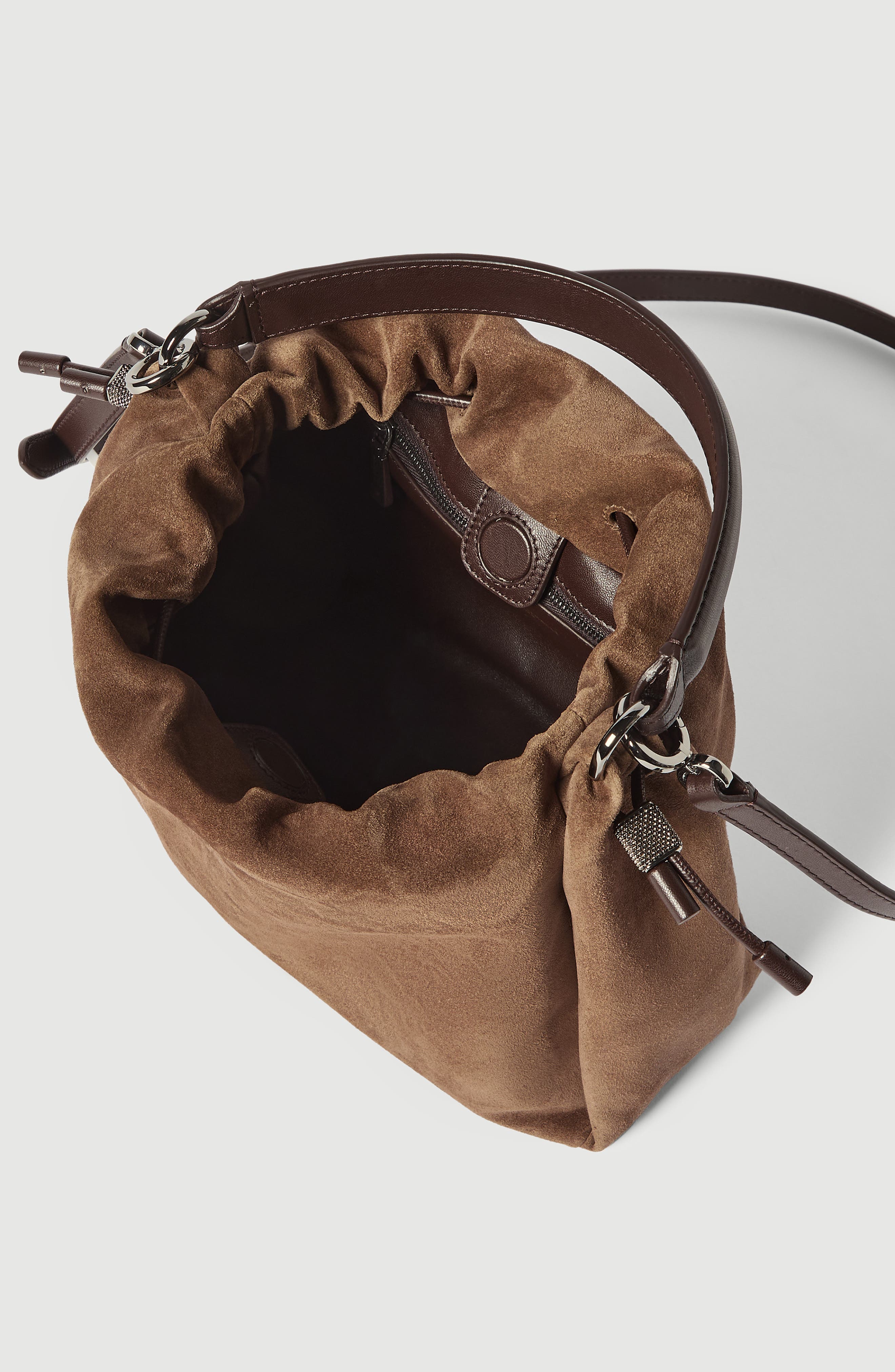Mellow small bucket bag in suede with monili, Alternate, color, Caramel