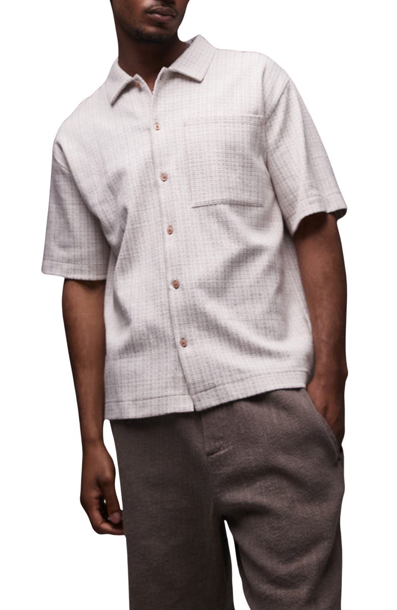 Topman Oversize Textured Stripe Short Sleeve Knit Cotton Button-Up Shirt, Main, color, Ecru