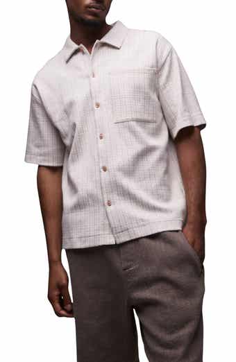 Topman Oversize Textured Stripe Short Sleeve Knit Cotton Button-Up Shirt