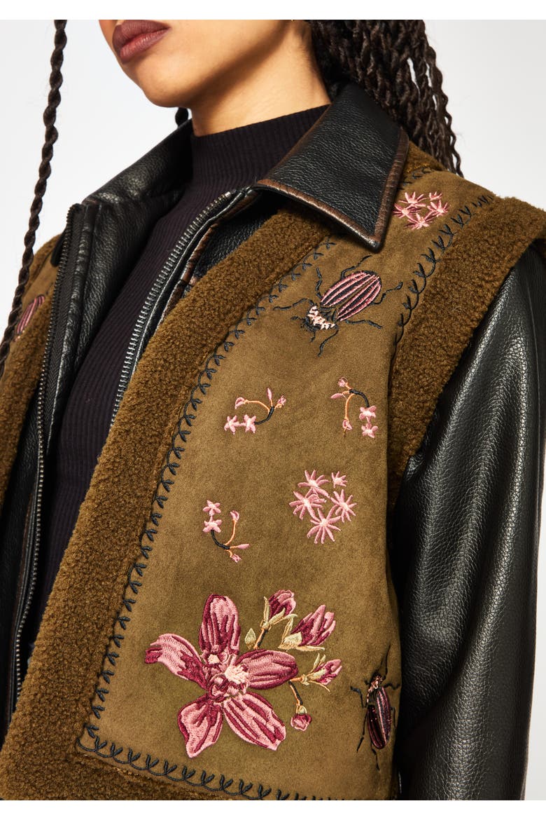 Sylvara Borg Embroidered Bug Gilet, Alternate, color, Brown