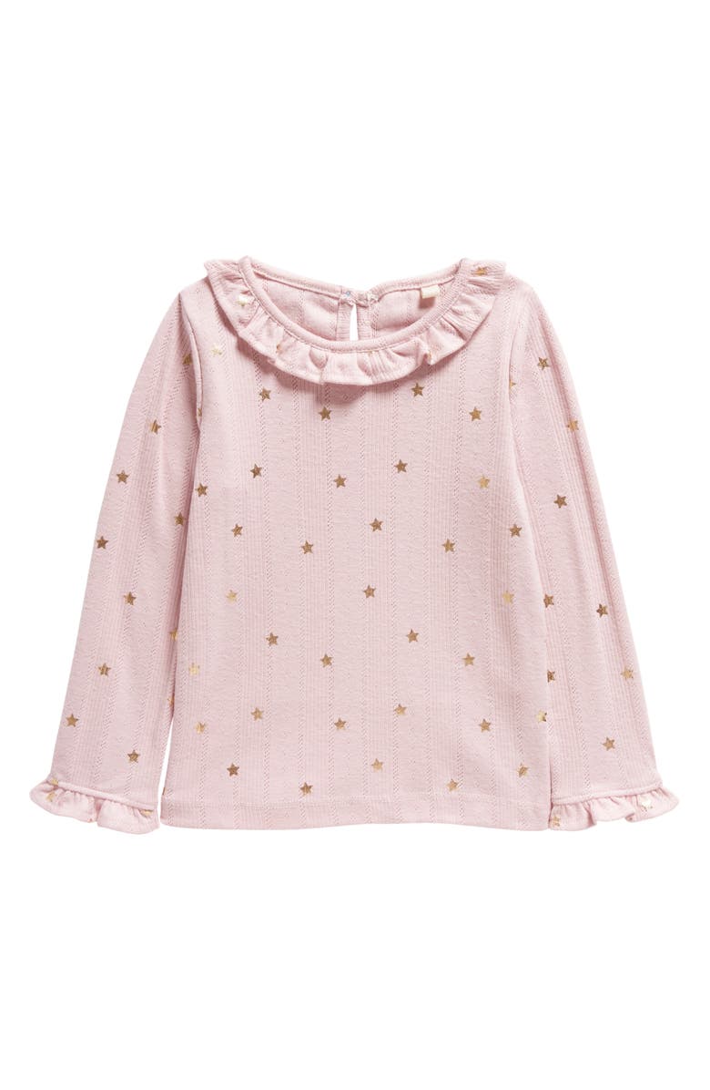 Mini Boden Kids' Pointelle Gold Star Ruffle Neck Top, Main, color, 
