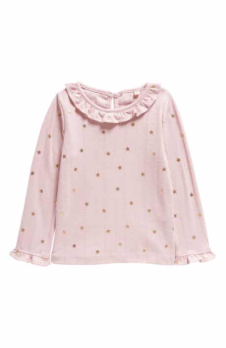 Mini Boden Kids' Pointelle Gold Star Ruffle Neck Top