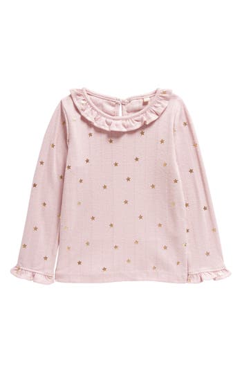 Mini Boden Kids' Pointelle Gold Star Ruffle Neck Top In French Pink Gold Star