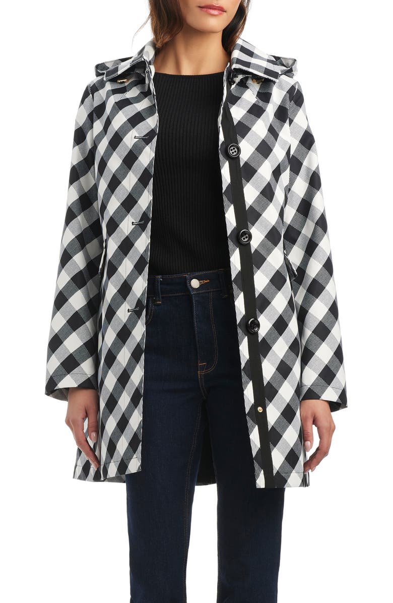 Kate Spade New York hooded water resistant a-line trench coat, Alternate, color, Black