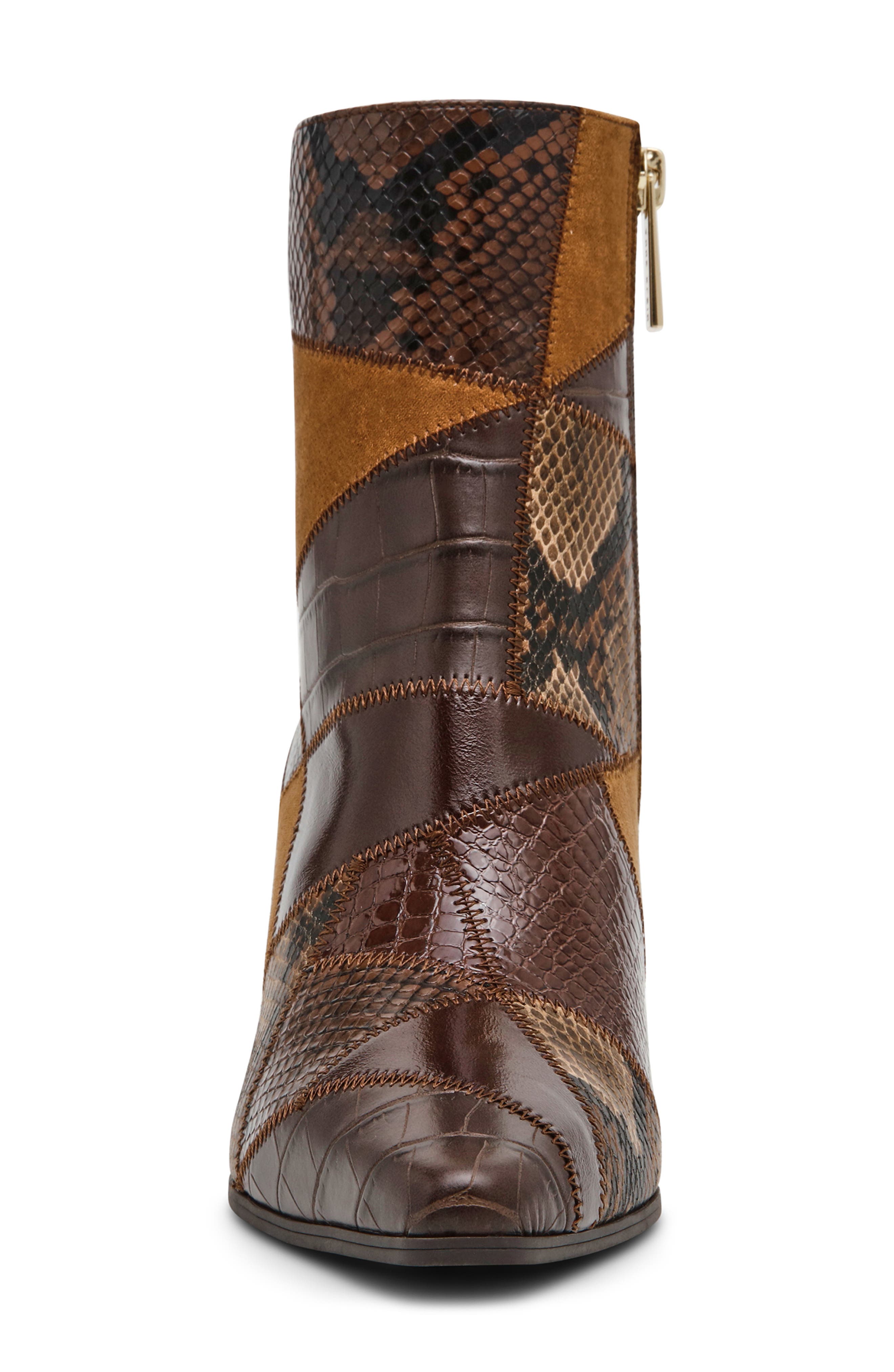 Cosia Pointed Toe Faux Leather Bootie, Alternate, color, BROWN PATCHWORK