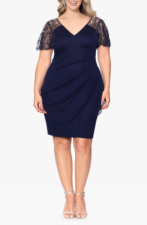 Xscape Evenings Embellished Flutter Sleeve Cocktail Dress In Navy