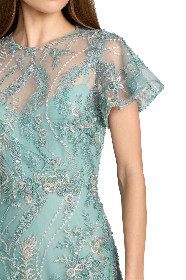 Floral Embroidered Mesh Flutter Sleeve Ankle Dress, Alternate, color, Seafoam
