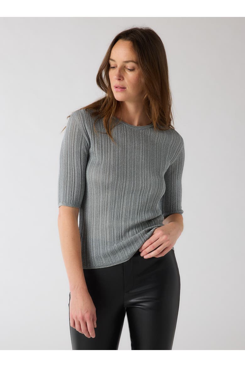 Metallic Rib Elbow Sleeve Crewneck, Main, color, METAL SILVER