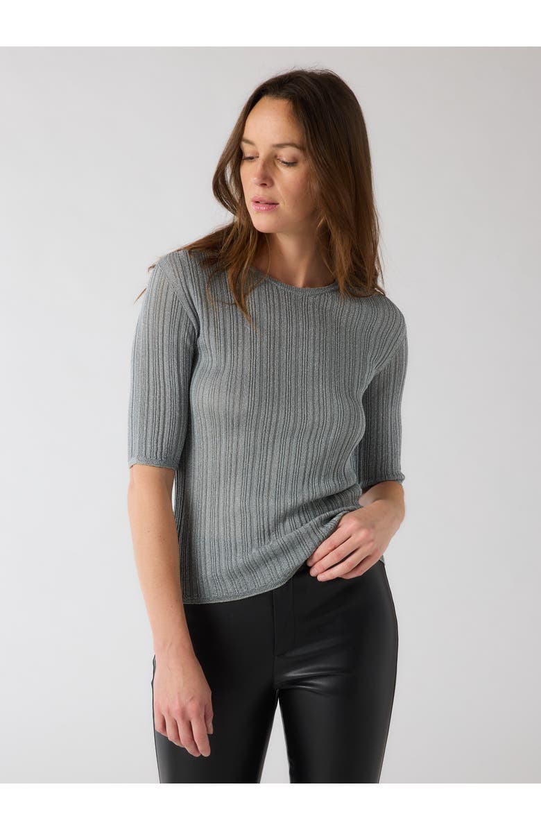 Majestic Filatures Metallic Rib Elbow Sleeve Crewneck, Main, color, Metal Silver