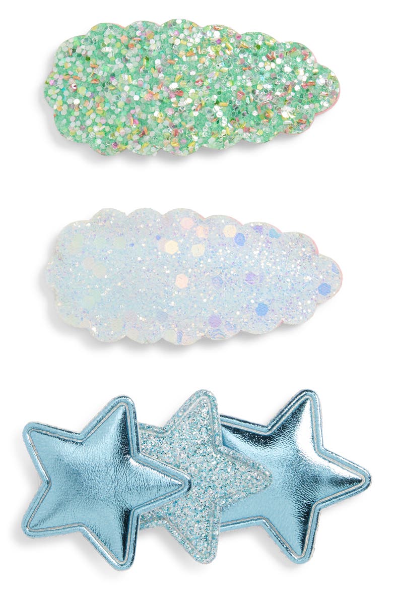 Kids' 3-Pack Assorted Star & Sparkle Hair Clips Set, Main, color, TEAL