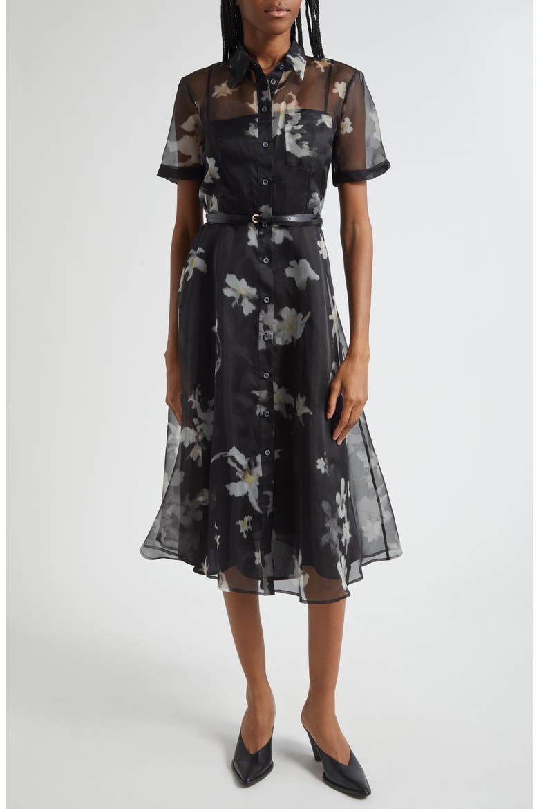 Kiera Print Silk Chiffon Belted Shirtdress, Main, color, BLACK INKY FLOWERS