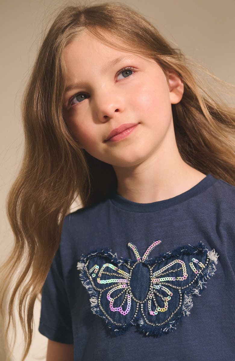 NEXT Kids' Butterfly Embellished Cotton Graphic T-Shirt, Alternate, color, Blue