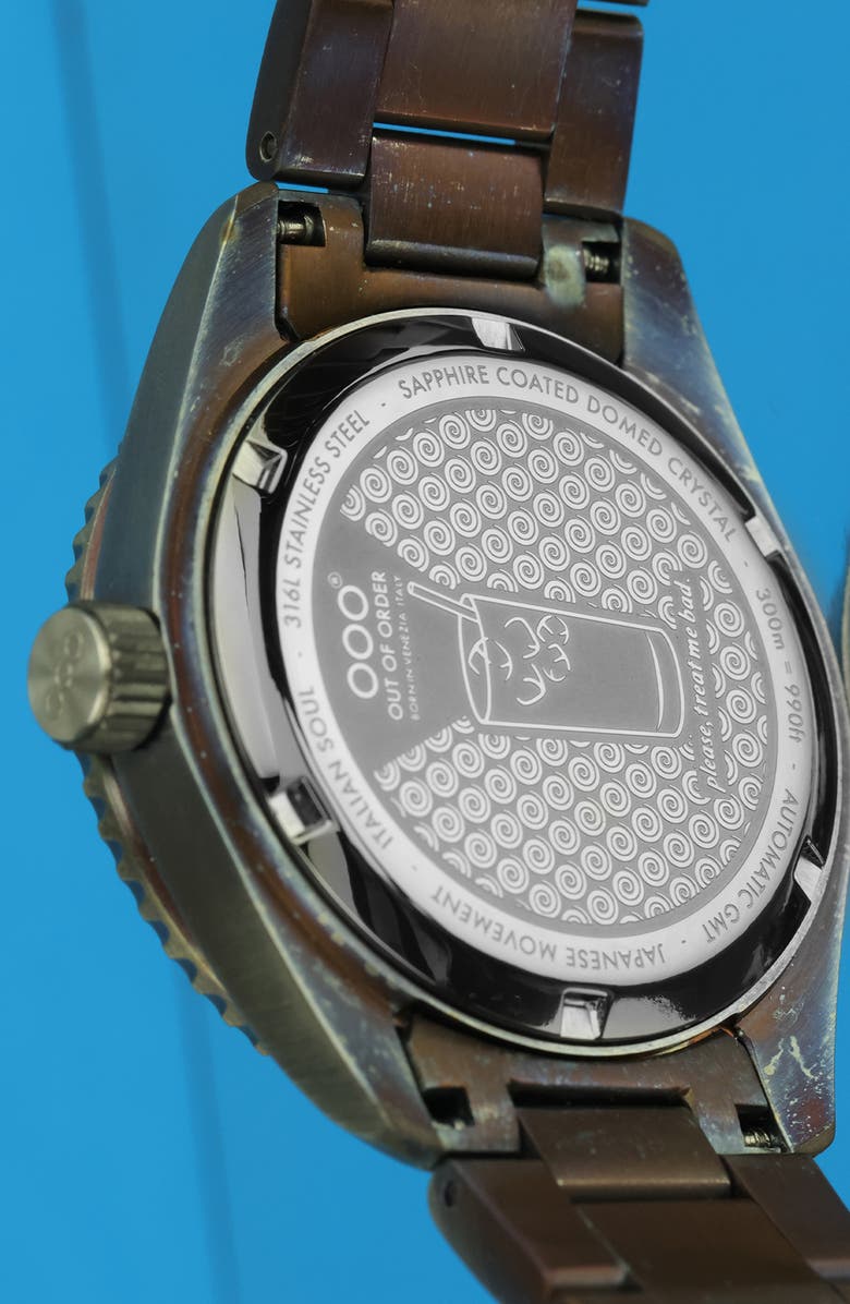 OUT OF ORDER Shaker Automatic GMT Ultra Distressed Bracelet Watch, 40mm, Alternate, color, Bomba Blue