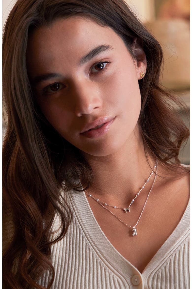 Faux Pearl & Bow Necklace, Alternate, color, SILVER
